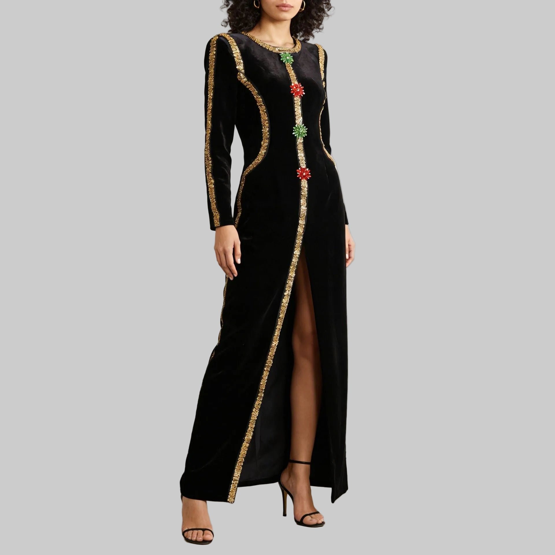 Elegant Velvet Long Sleeve Split Evening Maxi Dress