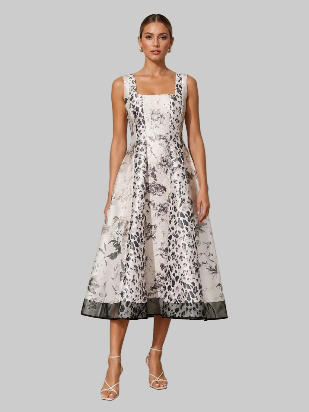 Leopard & Botanical Print Square Neck Satin Midi Swing Dress