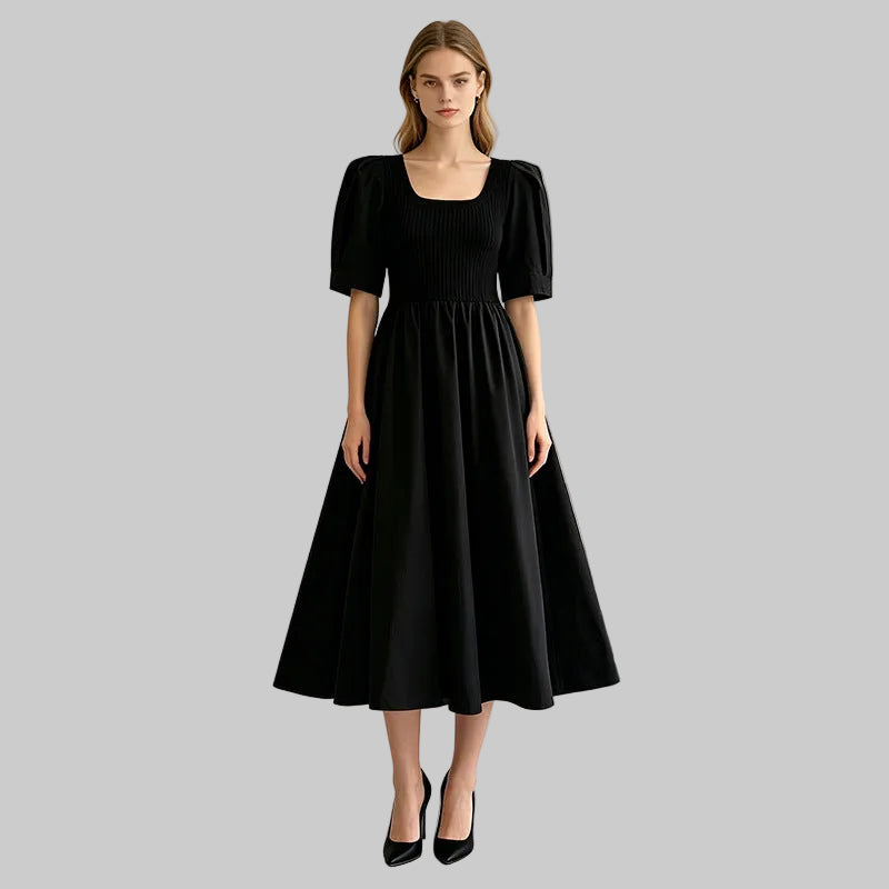 Square Neck Puff Sleeve Panel Knit Dress