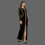 Velvet Gold Rhinestone Trim Long Sleeve Split Maxi Evening Gown