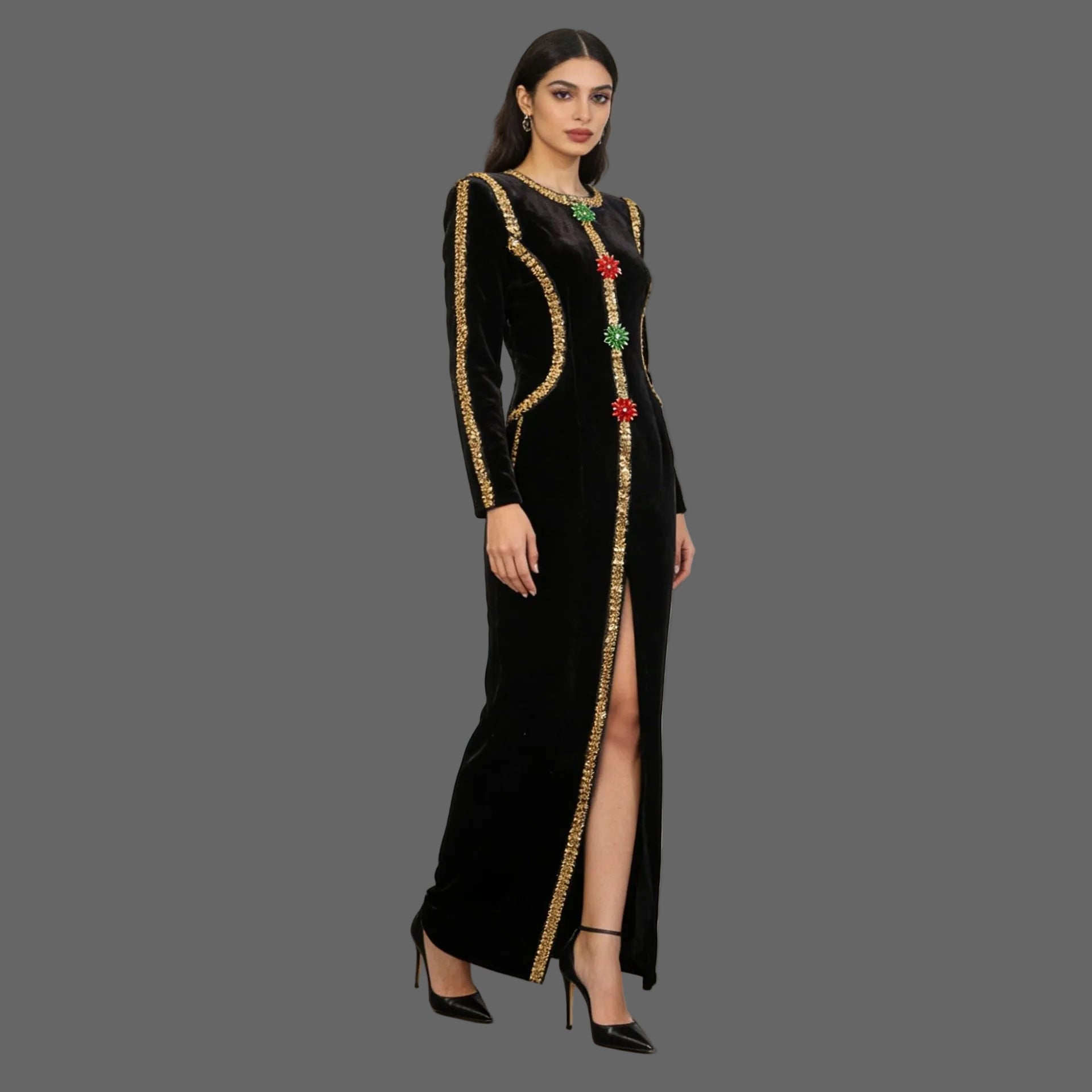Velvet Gold Rhinestone Trim Long Sleeve Split Maxi Evening Gown