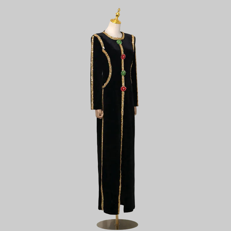 Velvet Long Sleeve Maxi Evening Gown with Rhinestone Trim