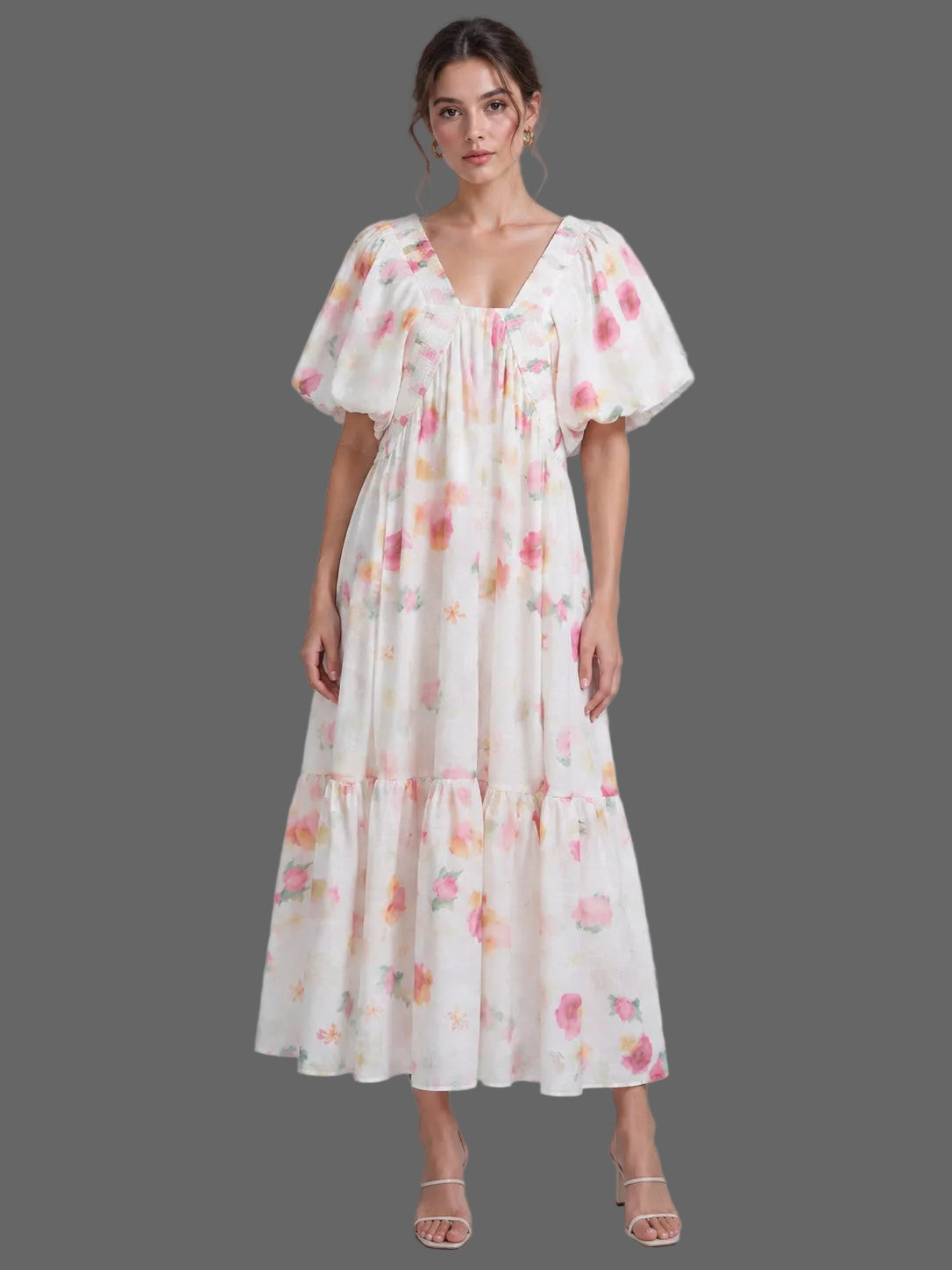 Watercolor Floral Smocked V-Neck Puff Sleeve Tiered Midi Dress