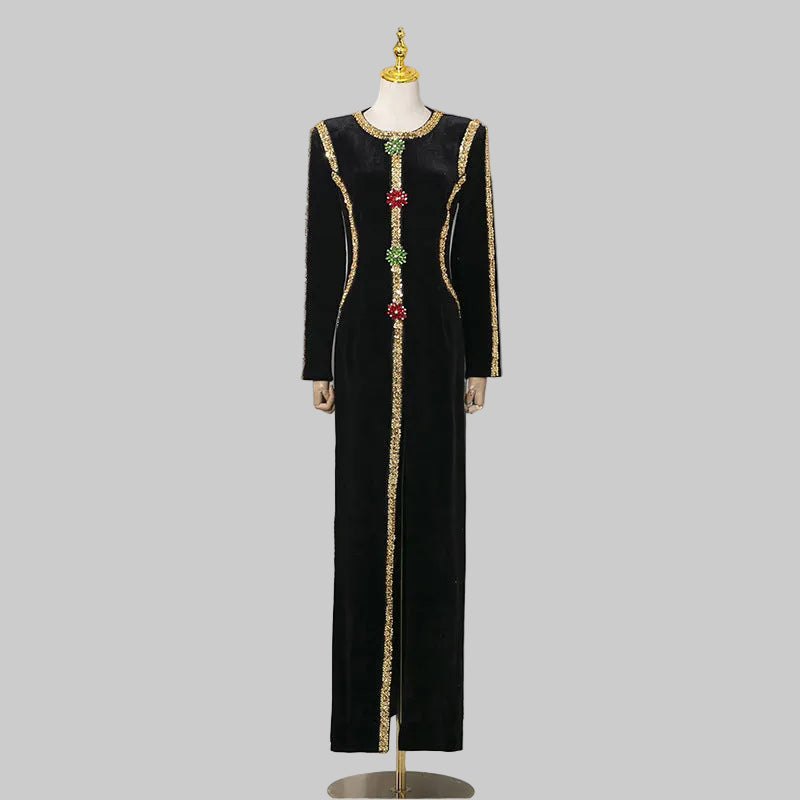 Women's Split Maxi Velvet Dress with Rhinestone Detail