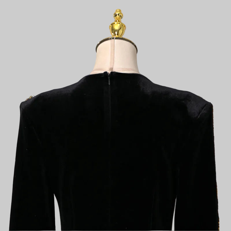 Women's Velvet Rhinestone Trim Long Sleeve Split Maxi Evening Gown