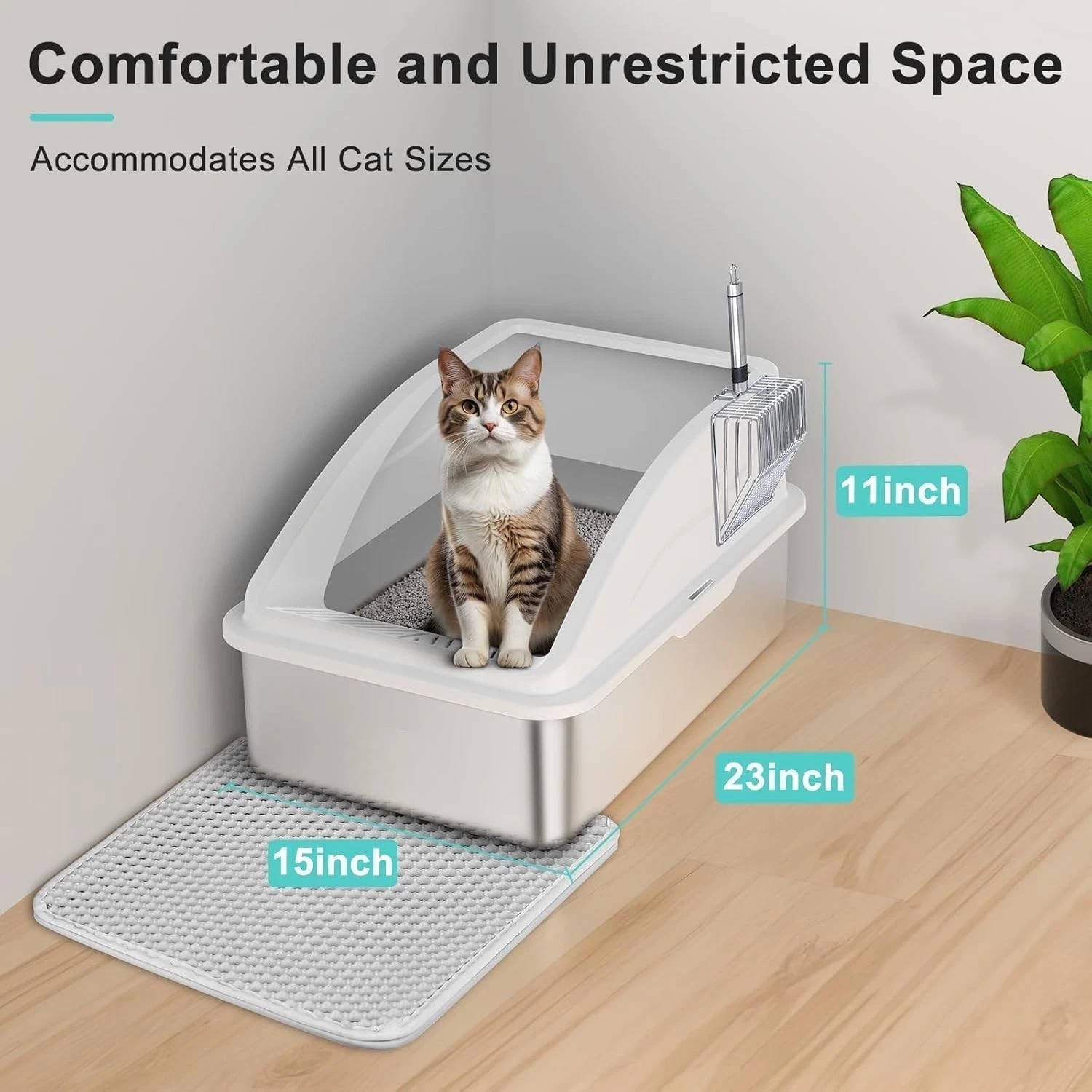 Chandni Stainless Steel Cat Litter Box, L Enclosed With Lid, Metal Scoop, Mat Included